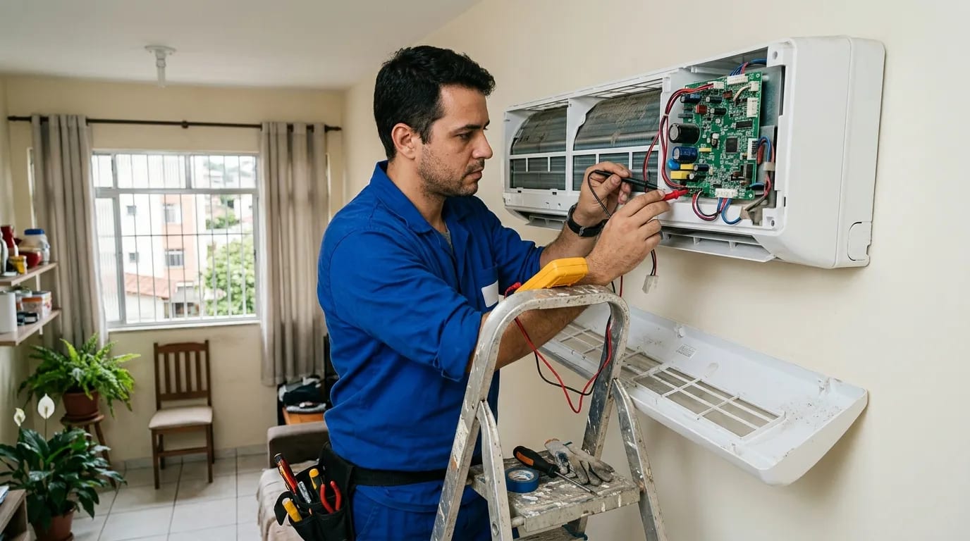 Eletricista ligando a placa do ar-condicionado split em Jundiaí‑SP